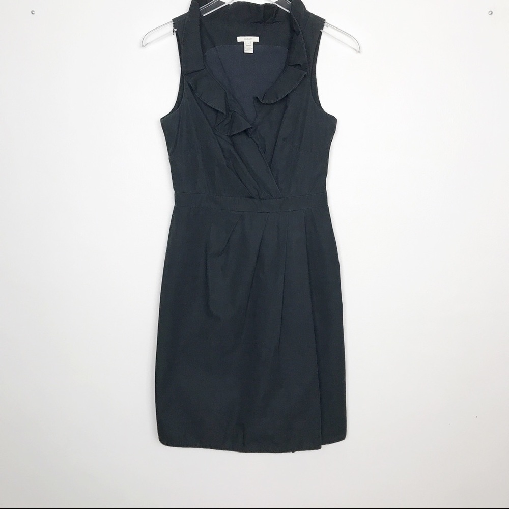 J. Crew Black Cotton Lined Dress Ruffled Neck Sz 2